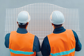 Two engineers in orange vests and white helmets analyze digital grid display, focusing on fiber optic maintenance. scene conveys sense of teamwork and technological advancement