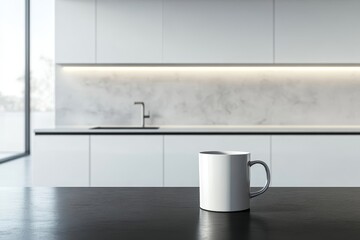 Wall Mural - A white ceramic mug sits on a black countertop in front of a modern, minimalist kitchen with white cabinets and a marble backsplash.