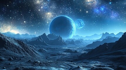 Wall Mural - alien planet landscape with two blue moons and stars