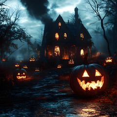 Wall Mural - Halloween background with pumpkins and haunted house - 3d render. halloween background with evil pumpkin. spooky scary dark night forrest.