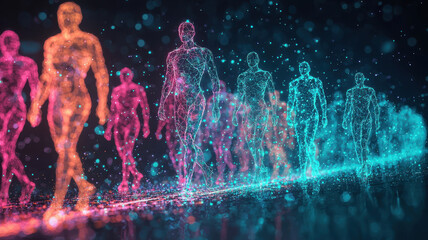 Poster - stylized digital illustration of human figures in vibrant colors, representing progression and movement in futuristic setting. glowing outlines and dynamic composition evoke sense of innovation and