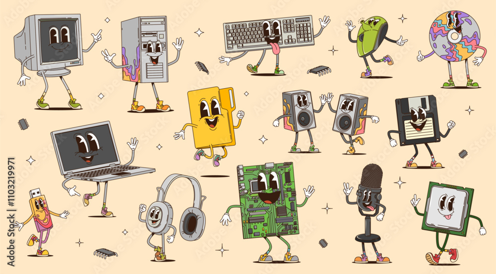 Cartoon groovy computer devices, retro characters of pc gadgets and ...