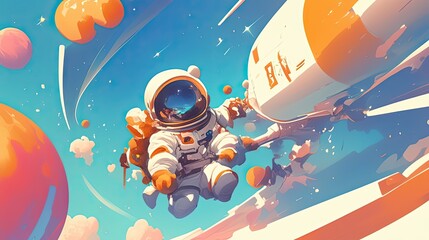 Wall Mural - astronaut maneuvering near spaceship in vibrant space