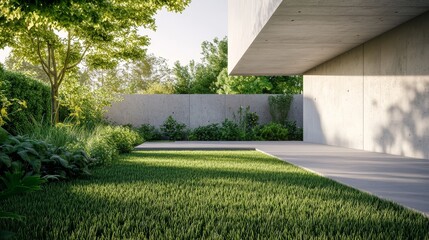 Aufkleber - Modern house exterior with green lawn, trees, and a concrete wall.