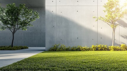 Aufkleber - Modern concrete building with green grass and trees.