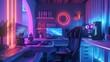 © Galib - A neon-lit gamer room with a gaming chair, two monitors, and a custom gaming computer.