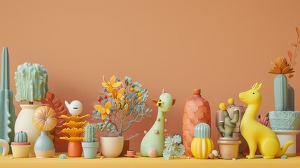 Poster - A whimsical 3D still life with colorful plants, a cactus, and animal figurines.