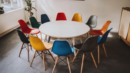 Poster - modern round table surrounded by colorful chairs in bright room