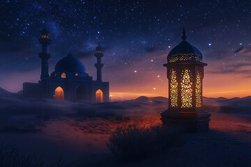 Islamic ramadan kareem celebration lantern with beautiful bokeh lights in the background.