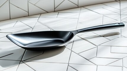 Poster - sleek black spatula on geometric patterned surface in natural light