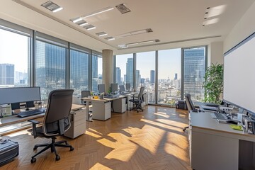 Aufkleber - Modern office space with large windows overlooking a city skyline.