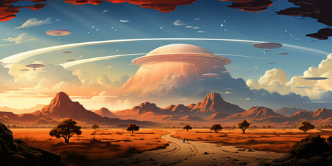 Fototapete - Majestic desert landscape with a colossal UFO hovering above, surrounded by smaller flying saucers, under a vibrant sky with dramatic clouds.