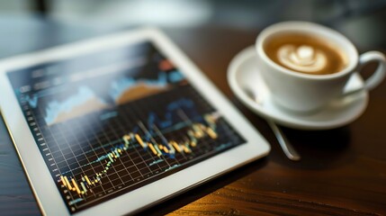 Poster - A tablet displaying a stock market chart next to a cup of coffee on a table.