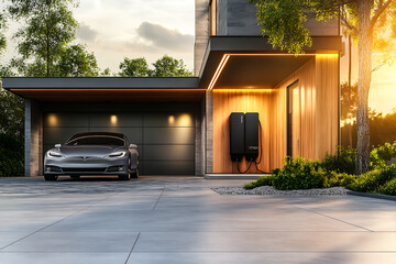 Home Battery Packs in Modern Garage: Sustainable Energy Storage and Backup System for Renewable Power