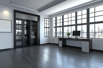 Poster - Modern minimalist office with large windows, desk, and bookcase, overlooking cityscape.