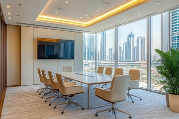 Aufkleber - Modern conference room with large windows overlooking a city skyline.