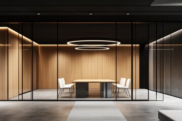 Poster - Modern office meeting room with wooden walls, glass doors, and a long table with white chairs.