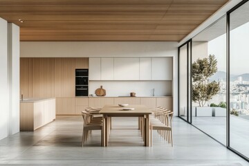Aufkleber - Modern kitchen and dining room with wood cabinets, a large dining table with chairs, and a view of a city.