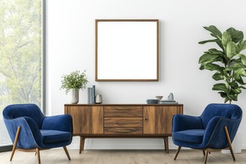 A modern living room interior with two blue velvet armchairs, a wooden cabinet, and a large empty frame on the wall.