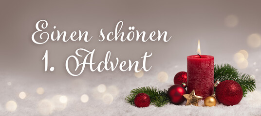 Wall Mural - advent greeting card - einen schönen 1. advent - german text - red candle with christmas decoration 