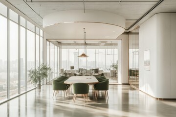 Aufkleber - A modern office conference room with large windows overlooking a city skyline. There is a large oval table with green chairs and a single pendant light.