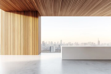 Aufkleber - Modern balcony with wooden ceiling and a city view.