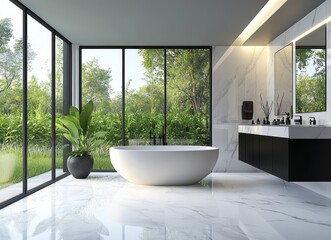 Aufkleber - Modern bathroom with freestanding bathtub, marble flooring, large windows overlooking a lush garden, and a black vanity with a double sink.