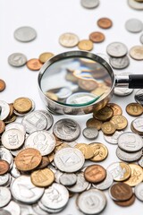Poster - A magnifying glass over a pile of coins, representing the detailed analysis of investment profits
