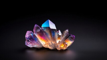 Poster - vibrant crystal cluster reflecting light with colorful hues on a dark background