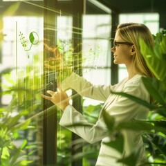 Wall Mural - environmental manager showing a bar chart of sustainability goals and achievements, each bar represe