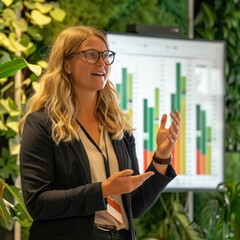 Wall Mural - environmental manager showing a bar chart of sustainability goals and achievements, each bar represe