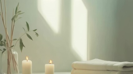 Poster - Burning candles, fresh towels, and bamboo sticks creating a tranquil atmosphere in a spa setting, perfect for relaxation and wellness treatments