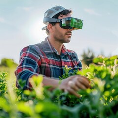 Wall Mural - Farmer examining crops with augmented reality (AR) glasses, overlaying real-time data on crop health, futuristic approach to precision farming