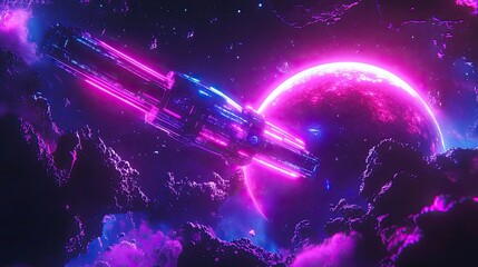 Wall Mural - neon spaceship flies past pink planet in deep space