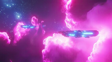 Wall Mural - spaceships flying through pink cosmic clouds