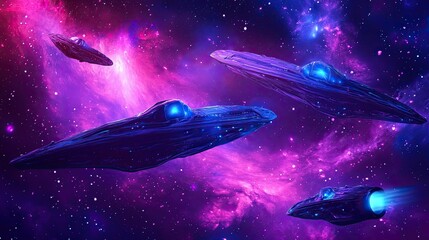 Wall Mural - dark alien ships soar through purple nebula