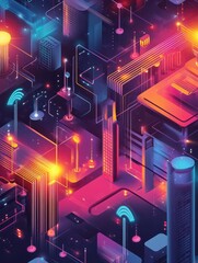 Poster - 5g concept. Wifi telecom 5g technology speed internet broadband fifth hotspots wifi global network telecommunication isometric vector. Illustration of 5g connection isometric, network technology