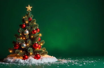 Wall Mural - Christmas tree with red and gold decorations on a green background with snow