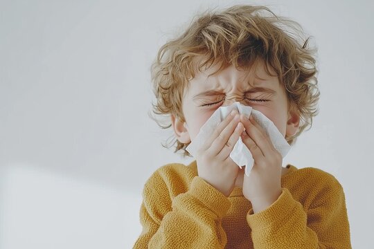 Little boy blowing his nose with a tissue on a white background, a human coronavirus concept. Kid, sick with a cold and flu, is holding a handkerchief in his hands and sneezing.