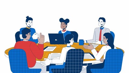 Fototapete - Diverse colleagues conversation around table cartoon animation. Roundtable discussion collaboration 4K video motion graphic. Office workers talking animated 2D characters isolated on white background