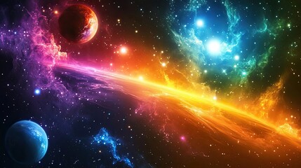 Wall Mural - vibrant nebula surrounds planets in colorful cosmic scene
