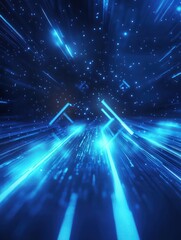 Poster - Abstract glowing digital arrows on blue background with mock up place. Digital transformation, growth and data concept. Landing page. 3D Rendering