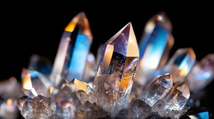 Poster - stunning cluster of quartz crystals shining under soft light in a dark setting