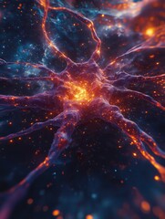 Poster - Abstract glowing neuron on space texture, Medicine concept. 3D Rendering.