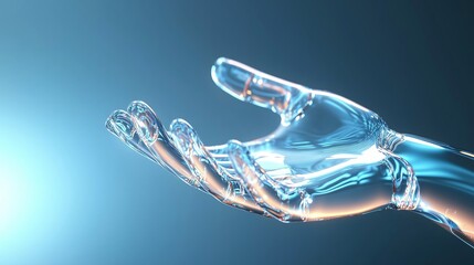 Poster - Transparent hand reaching out in a futuristic setting with soft blue lighting