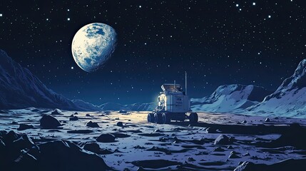 Wall Mural - lunar rover explores alien planet under starlit sky
