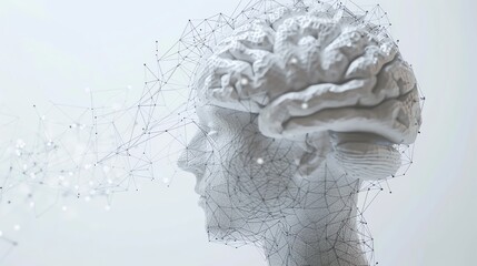 Poster - A 3D rendering of a human brain connected to a network of lines and dots.