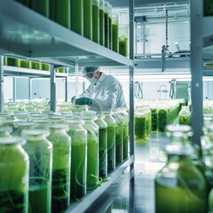 Wall Mural - Researcher creating algae biofuel in a bright, clean lab filled with green algae flasks, focusing on renewable energy sources that reduce carbon footprint