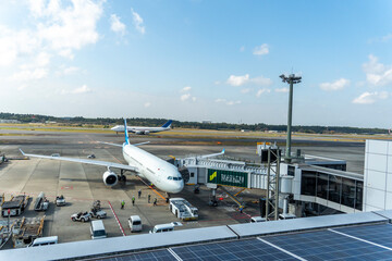 Aircraft preparing for departure at a bustling airport in the afternoon sun