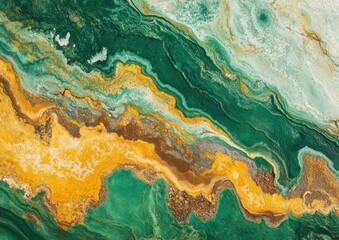 Poster - Abstract Colorful Texture with Striking Green and Golden Waves, Aerial View of Vibrant Natural Patterns Resembling Marble or Stone Surface